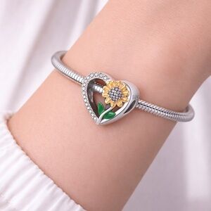 Sterling Silver Heart Sunflower Charm – Pandora Compatible with Zircon Accents